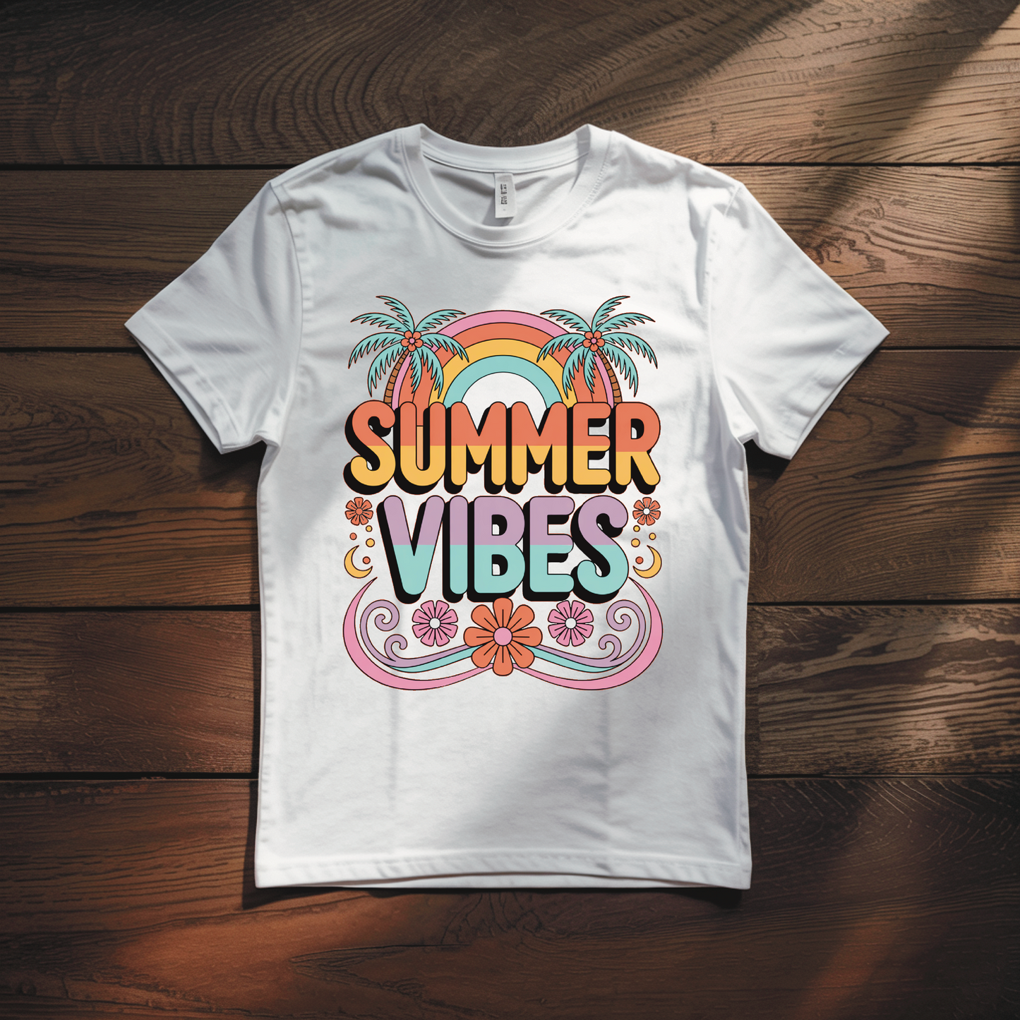 Summer Vibes Bella+Canvas Unisex Tee featuring colorful palm trees and rainbow design, perfect for casual wear with lightweight, breathable fabric.