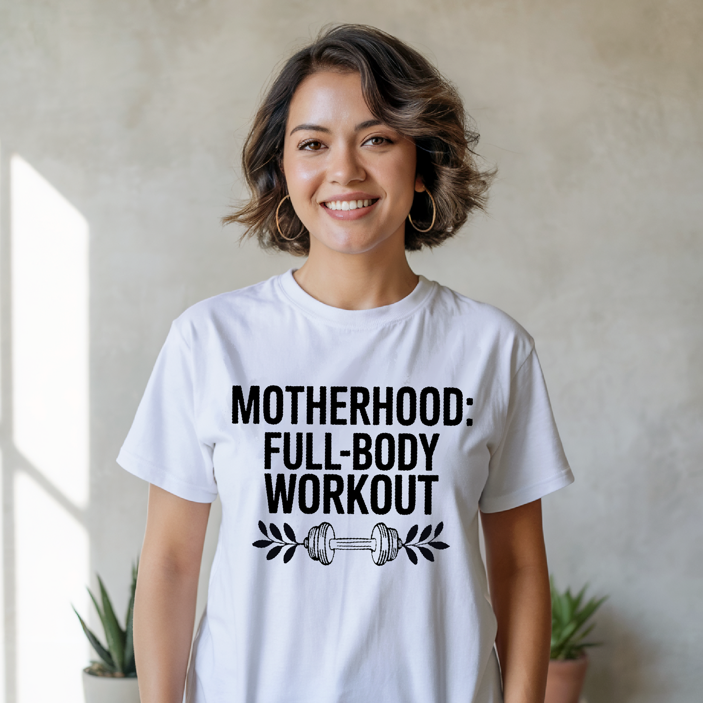 Motherhood: Full Body Workout T-shirt featuring a relaxed fit and crew neckline, showcasing durability with double-needle stitching and soft texture from garment-dyed fabric, ideal for active mothers.