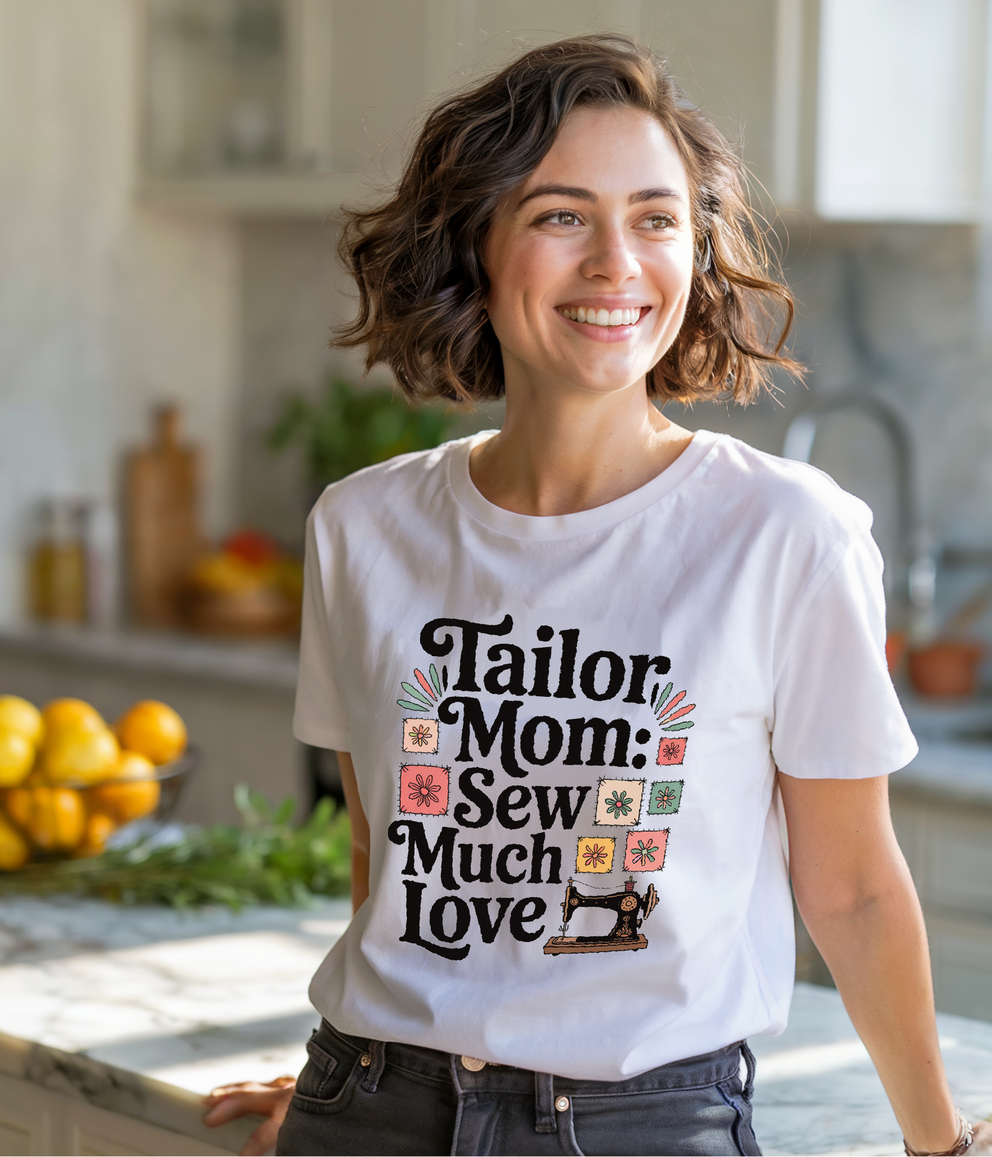 Tailor Mom: Sew Much Love T-Shirt with a relaxed fit and crew neckline, showcasing durable double-needle stitching, perfect for sewing enthusiasts. Ideal for gifting and reflecting FireBrook Essentials' joyful, uplifting style.