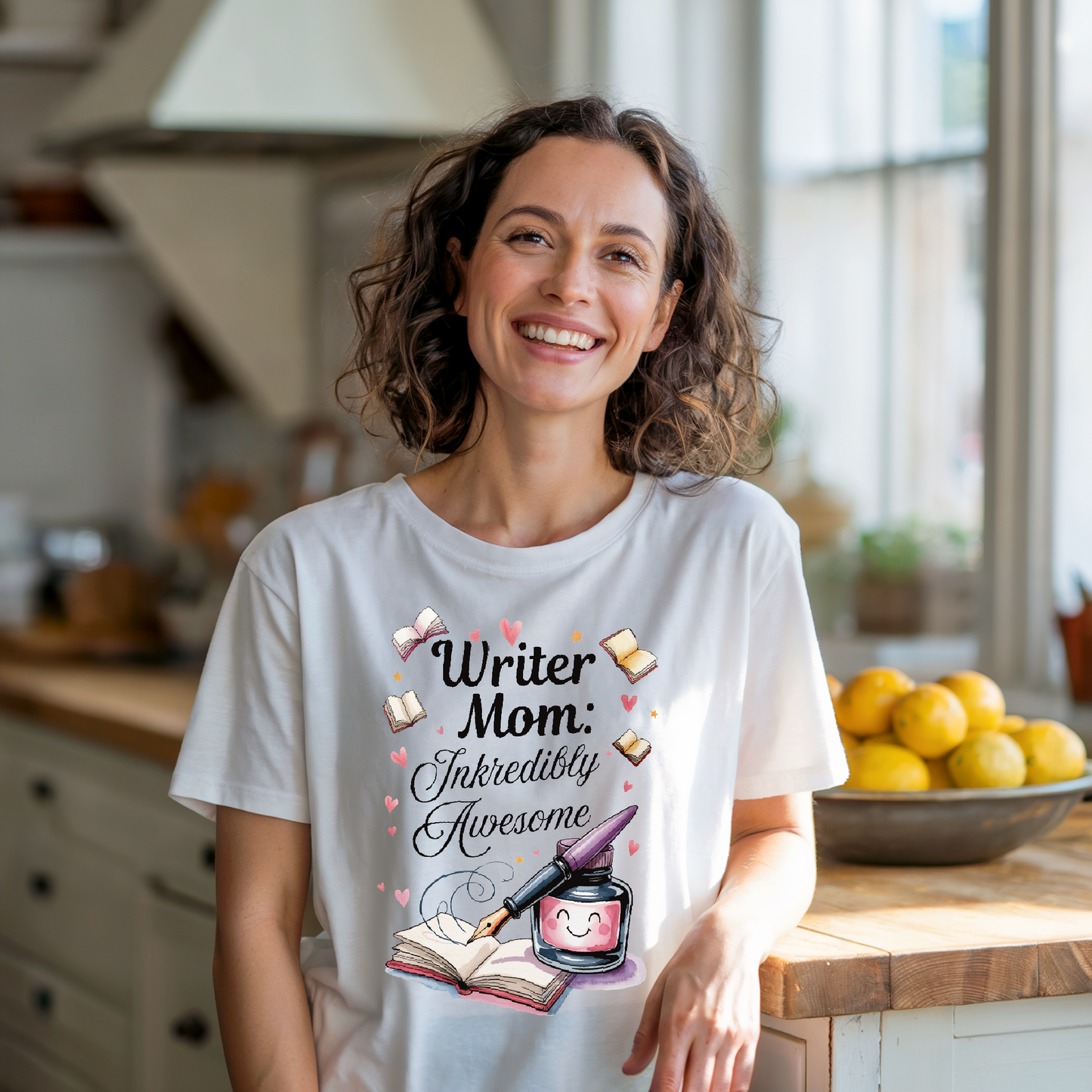 Writer Mom: Inkredibly Awesome T-Shirt features a relaxed fit and classic crew neckline, showcasing FireBrook Essentials' commitment to comfort and positivity with its high-quality US cotton and durable craftsmanship.