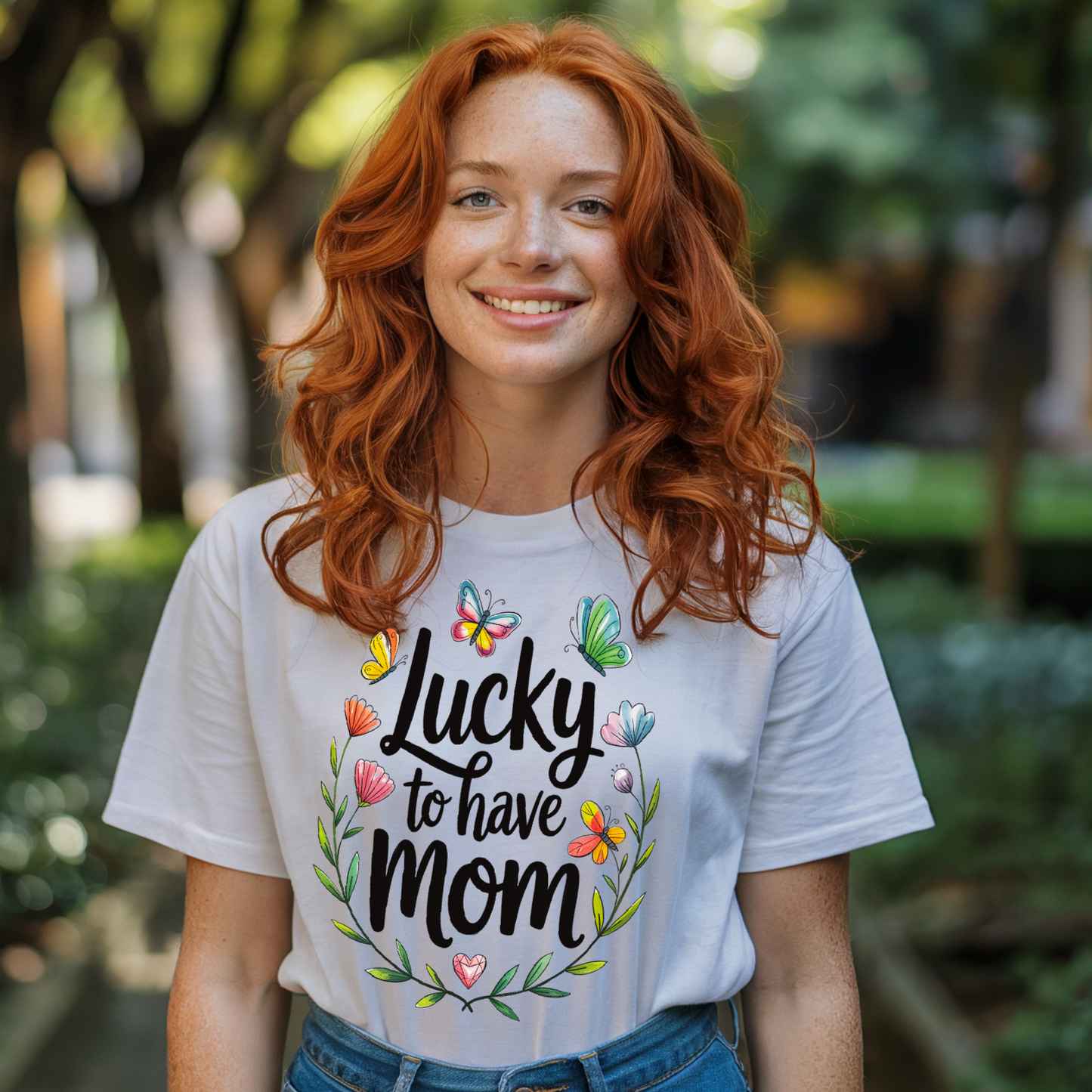 Lucky to Have Mom T-Shirt: Unisex short-sleeve tee with 'Lucky to have Mom' print, featuring a crew neckline and lightweight, breathable 100% Airlume cotton, offering a comfortable, stylish fit.