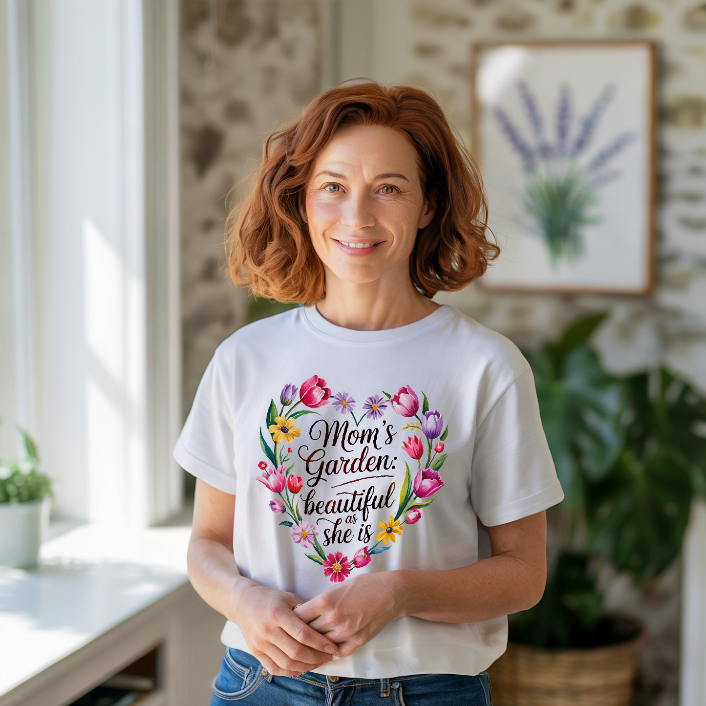 Mom's Garden is as Beautiful as She Is T-Shirt, featuring a floral design celebrating maternal beauty and nature, ideal for expressing appreciation. Lightweight, ethically made, suitable for casual and active wear.