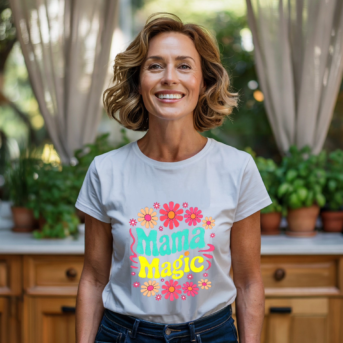 Mama Magic T-Shirt showcasing empowering text, ideal for Mother's Day. Crafted from lightweight cotton, this Bella+Canvas tee offers a comfortable fit, reflecting FireBrook Essentials' commitment to stylish, joyful apparel.