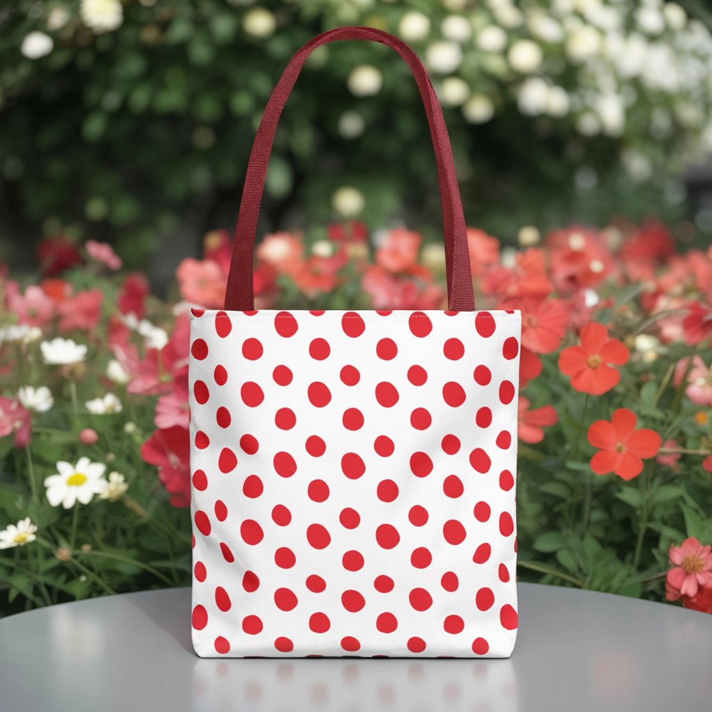 Red Polka Dots Tote Bag featuring a playful red polka dot pattern, designed for everyday use. Durable and stylish, this bag is perfect for errands, picnics, or shopping trips.