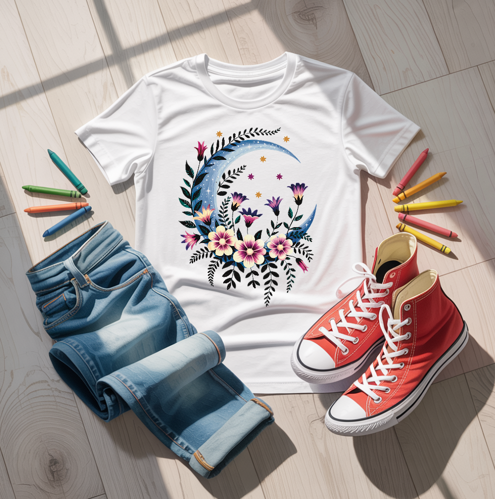 Crescent Moon Red Flowers T-Shirt with a vibrant floral design, showcasing double-needle stitching and a relaxed fit, embodying FireBrook Designs' ethos of comfort and uplifting style.