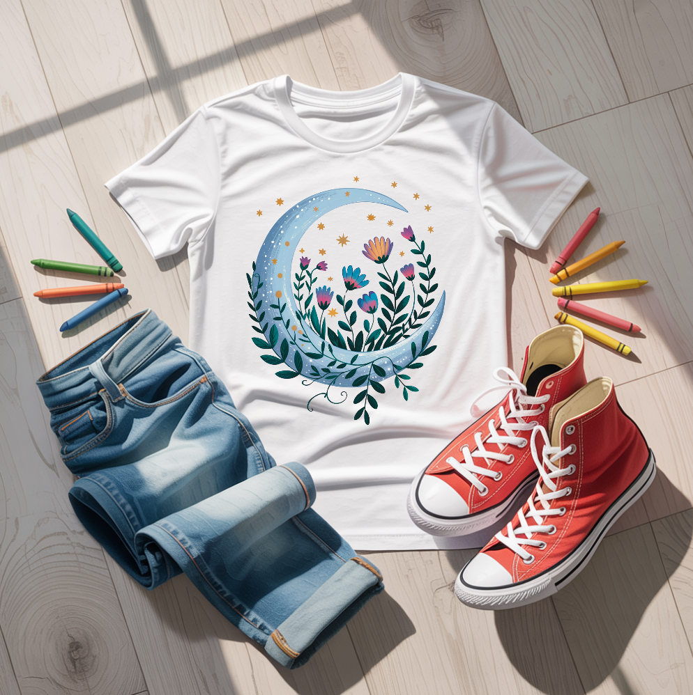 Crescent Moon Yellow Flowers T-Shirt featuring a bohemian design with a relaxed fit and crew neckline, embodying FireBrook Essentials' commitment to stylish, comfortable, and uplifting apparel.