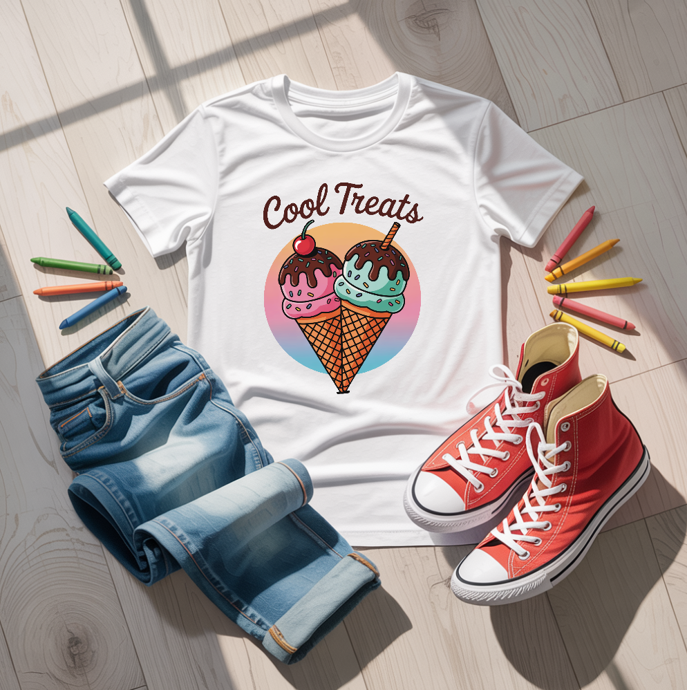 Ice Cream Cool Treats T-Shirt with whimsical ice cream-themed design, showcasing double-needle stitching and a relaxed fit, embodying FireBrook Essentials' joyful and stylish apparel ethos.