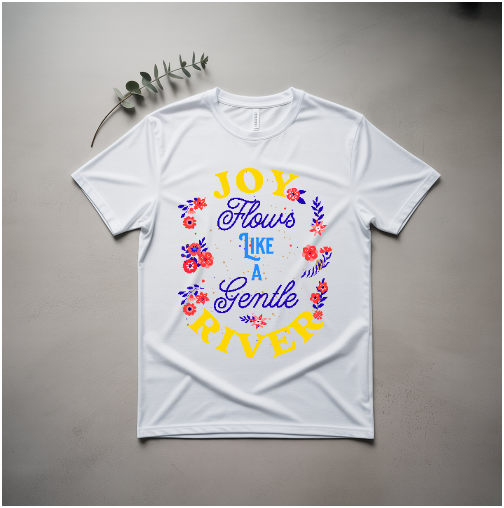 Joy Flows Like a Gentle River T-Shirt features a relaxed fit with text and branch design, offering comfort and style. Perfect for casual wear, reflecting FireBrook Designs' uplifting apparel ethos.