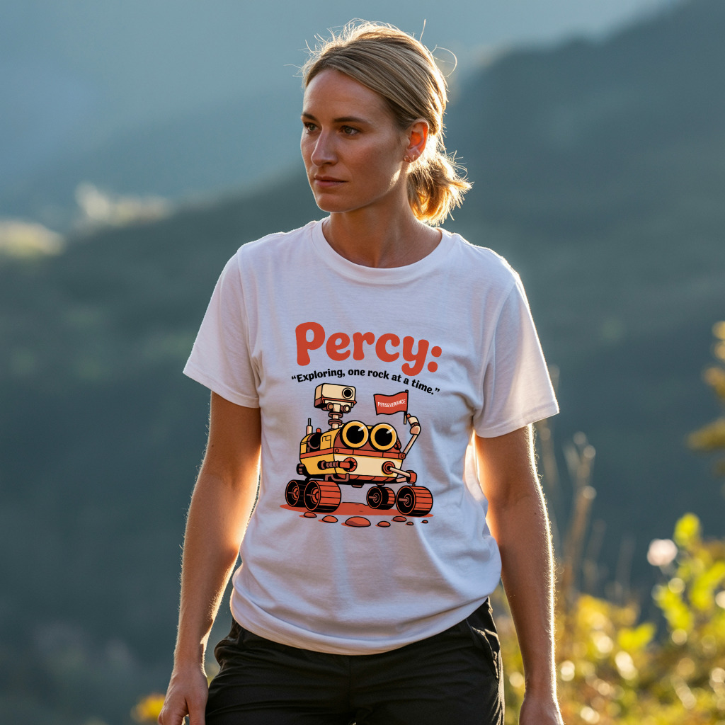 Percy Robot: With Perseverance, Exploring One Rock At A Time in Mars T-Shirt showcases a Mars rover illustration on a classic-fit unisex tee, ideal for space enthusiasts and casual wear.