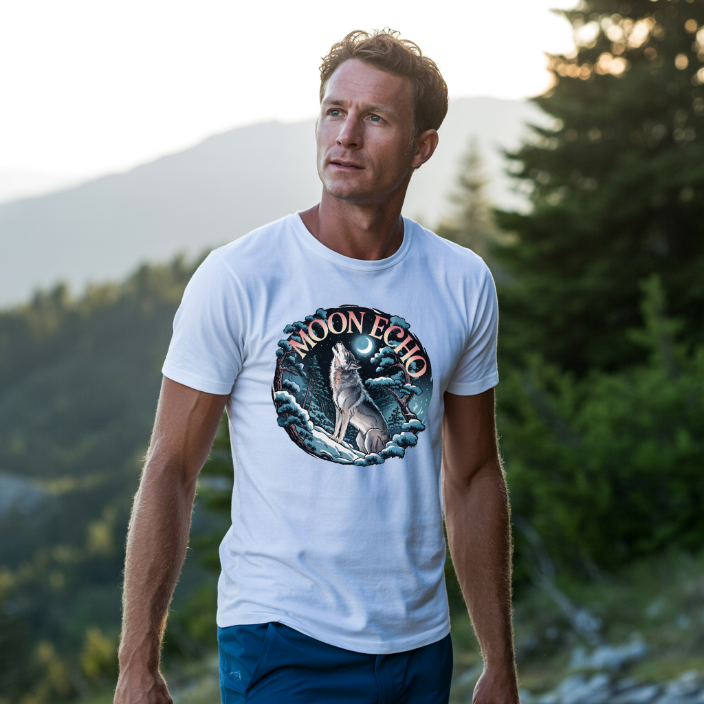 Wolf Howling Beneath the Moon T-Shirt showcases a wolf howling at a full moon, capturing a mystical and adventurous spirit, ideal for nature enthusiasts and those embracing their wild side.