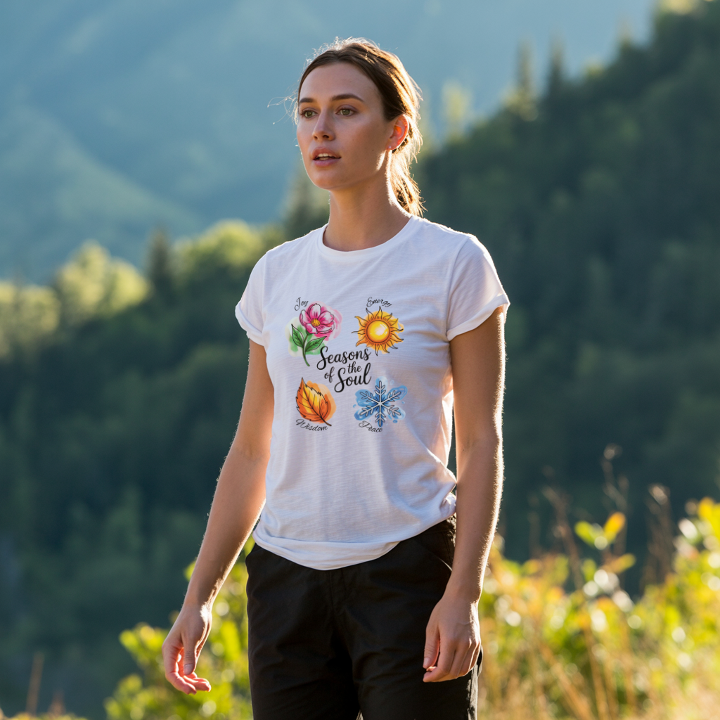 Seasons of the Soul: Joy, Energy, Wisdom & Peace T-Shirt, a unisex jersey short-sleeve, showcases a design symbolizing inner balance and spiritual connection, perfect for yoga and meditation enthusiasts.