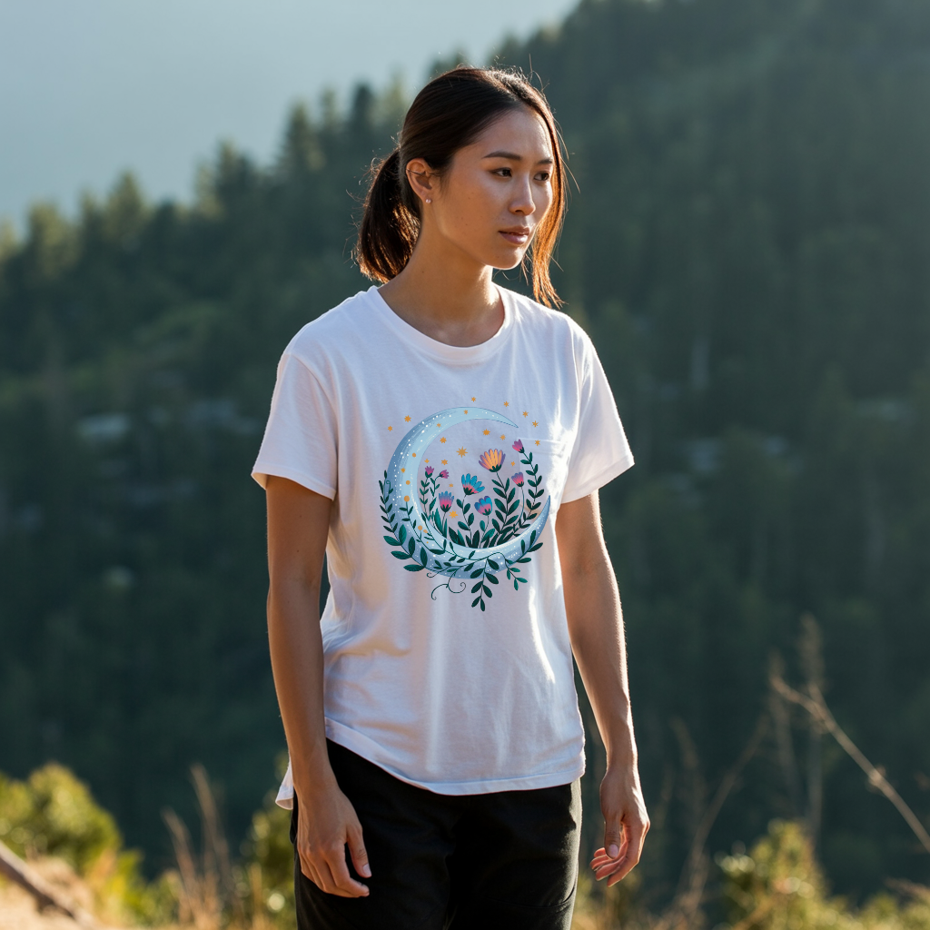Crescent Moon Yellow Flowers T-Shirt, featuring a bohemian floral crescent moon design, embodies FireBrook Essentials' spirit of comfort and style, perfect for casual gatherings and special occasions.