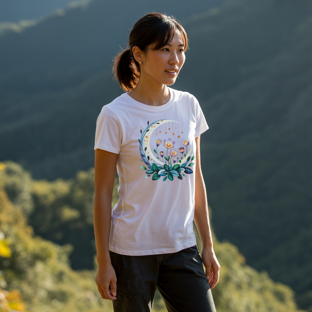 Crescent Moon Blue Flowers T-Shirt, featuring a bohemian design with floral accents, perfect for casual wear. Offers a relaxed fit and durable stitching, embodying FireBrook Essentials' commitment to comfort and style.