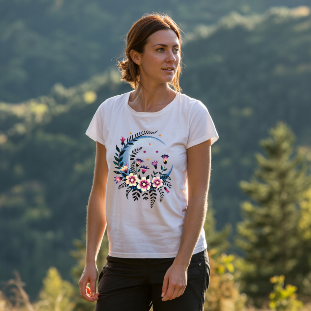 The Crescent Moon Red Flowers T-Shirt showcases a bohemian design with a crescent moon adorned with red flowers, embodying a dreamy vibe ideal for casual, joyful wear from FireBrook Essentials.