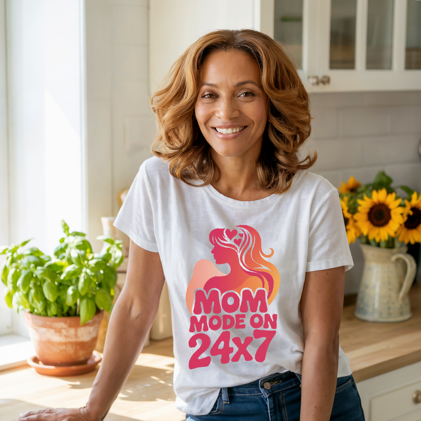 Mom Mode On 24x7 T-Shirt showcasing a bold design, retail fit, and crew neckline. Made from lightweight cotton, perfect for stylish, busy moms. Ideal for celebrating hardworking moms everywhere.
