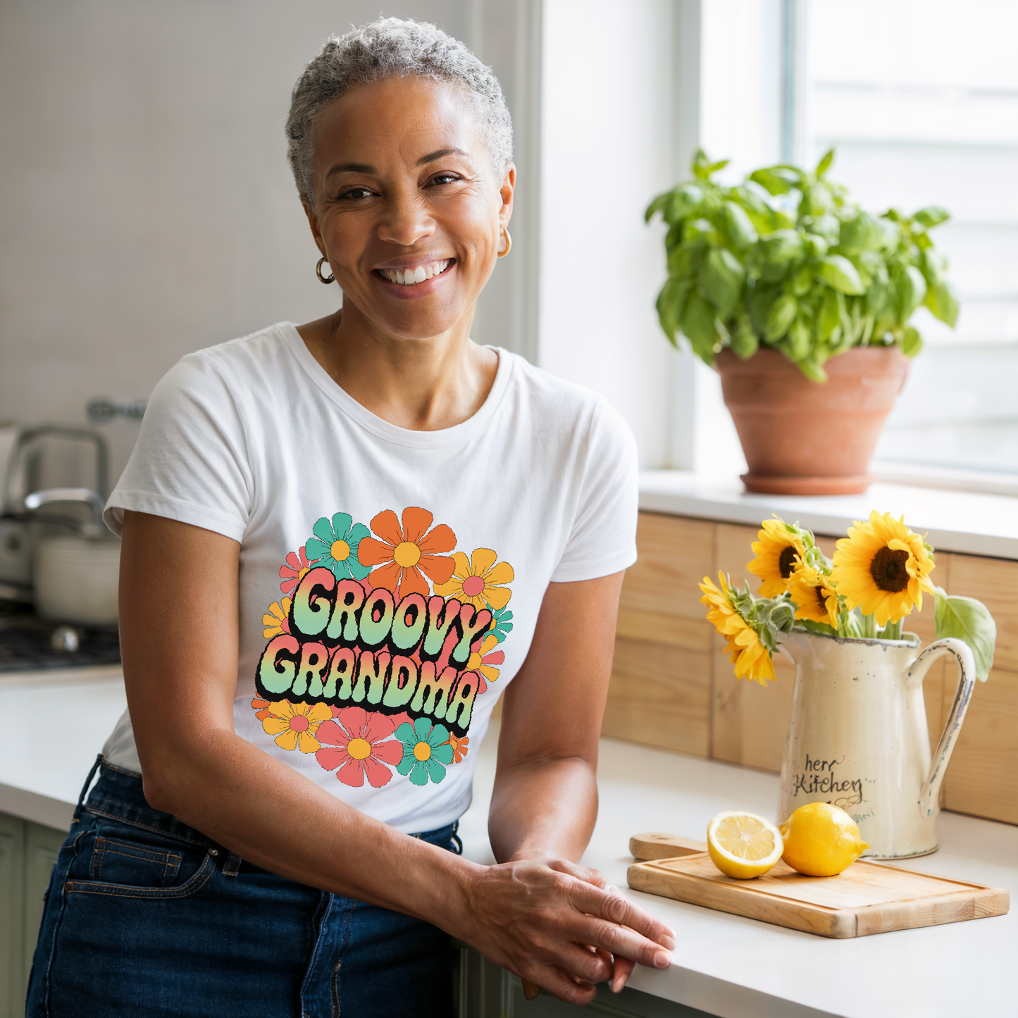 Groovy Grandma T-Shirt featuring a retro-style design, embodying a playful, vintage aesthetic. Made from lightweight cotton, this shirt offers a classic fit, perfect for stylish, everyday comfort.