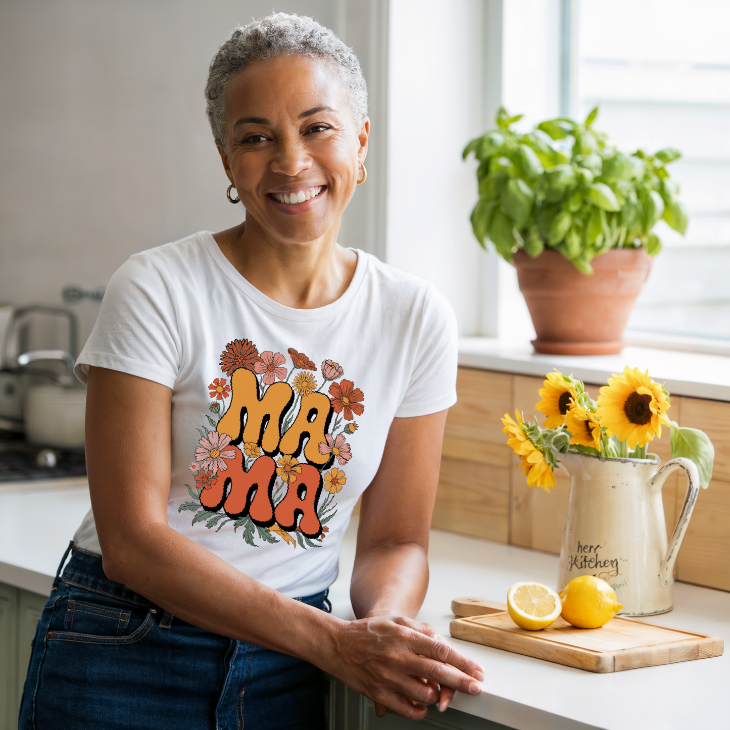 Mama Vintage Floral Design T-Shirt, crafted from lightweight cotton, showcases a delicate floral pattern. Ideal for Mother's Day, this shirt embodies FireBrook Essentials' ethos of comfort and uplifting style.