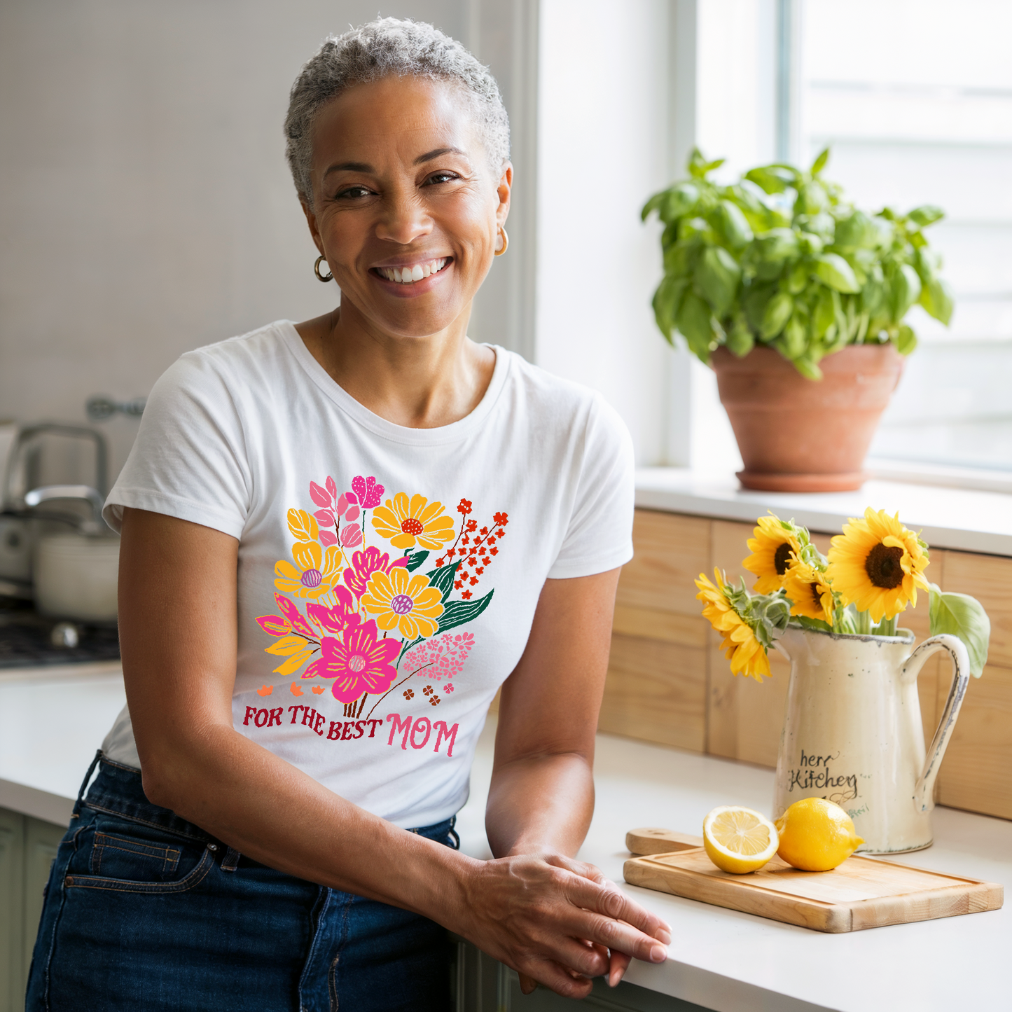 Flower Bouquet For the Best Mom T-Shirt showcasing a charming floral design, embodies comfort and style with its relaxed fit and crew neckline, ideal for casual or semi-formal wear.