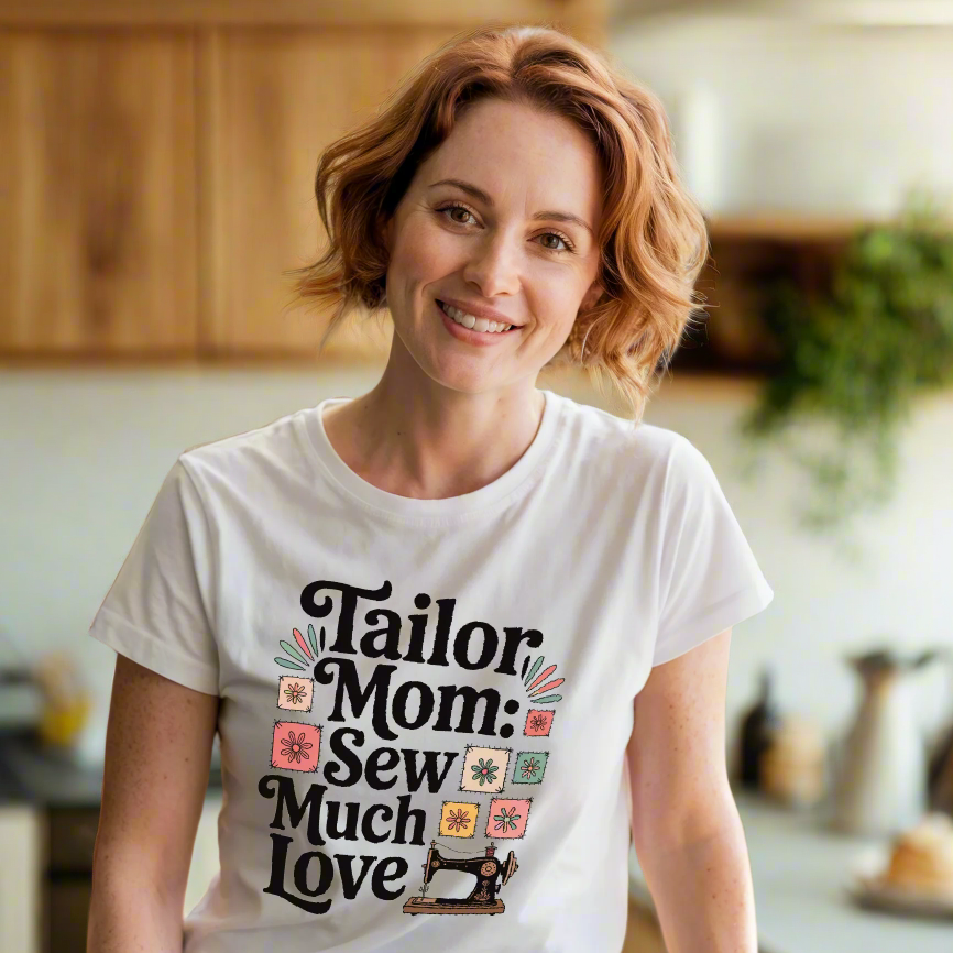Tailor Mom: Sew Much Love T-Shirt features a relaxed fit and classic crew neckline, perfect for sewing enthusiasts. Ideal for casual or semi-formal wear, showcasing FireBrook Essentials' commitment to comfort and style.