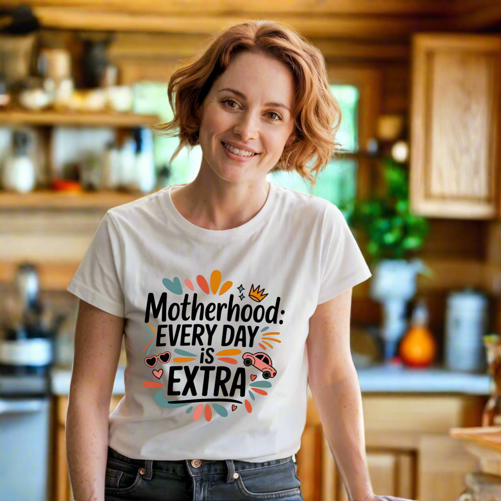 Motherhood: Every Day is Extra T-Shirt, a unisex jersey short sleeve tee, embodies comfort and style for moms, featuring breathable cotton and detailed designs, ideal for celebrating motherhood daily.