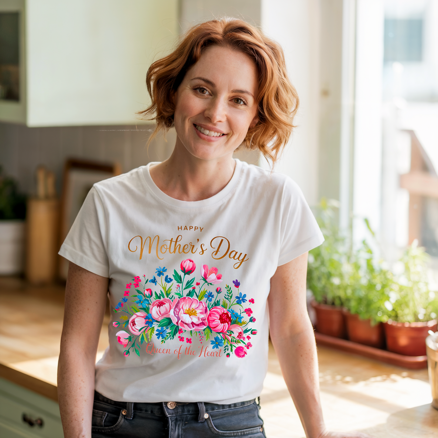 Happy Mother's Day Queen of the Heart T-Shirt featuring a classic crew neckline, double-needle stitching, and garment-dyed 100% US cotton, embodying comfort and style from FireBrook Essentials. Ideal for celebrating special mother figures.