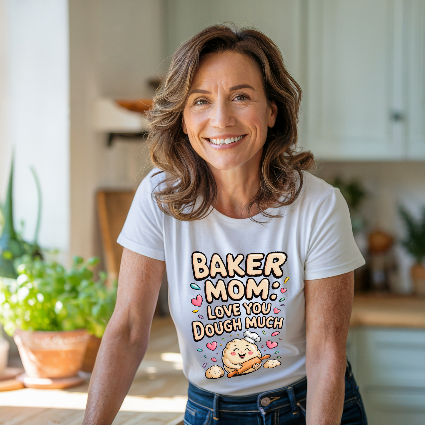 Baker Mom: Love You Dough Much T-Shirt, featuring a whimsical baking-themed design, perfect for casual or special occasions. This relaxed-fit tee epitomizes comfort and positivity from FireBrook Essentials.