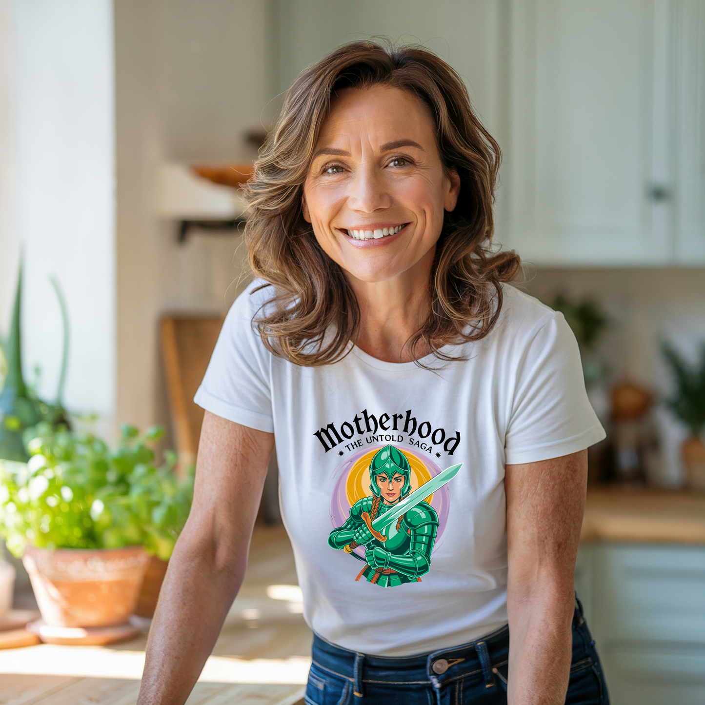 Motherhood: The Untold Saga T-Shirt - A unisex tee celebrating motherhood with a serene design, crafted from breathable Airlume cotton, ideal for casual or semi-formal wear, reflecting FireBrook Essentials' uplifting style.