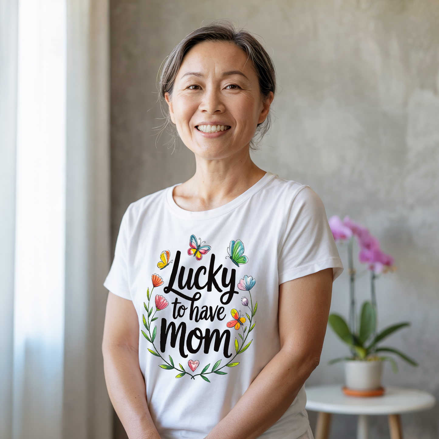 Lucky to Have Mom T-Shirt by FireBrook Essentials, featuring a classic crew neckline and lightweight 100% Airlume cotton, ideal for casual wear and celebrating the bond with mom.