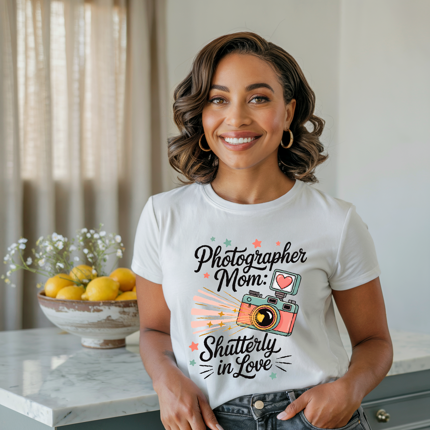 Photographer Mom: Shutterly In Love T-Shirt, a unisex, relaxed-fit garment-dyed tee with a classic crew neckline, crafted from 100% ring-spun US cotton, showcasing FireBrook Essentials' commitment to comfort and style.