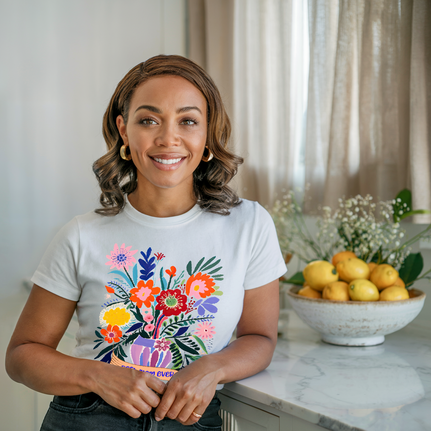 Best Mom Ever T-Shirt featuring a relaxed fit and crew neckline, crafted from pre-shrunk US cotton, showcasing double-needle stitching and garment-dyed fabric for a soft, durable feel.
