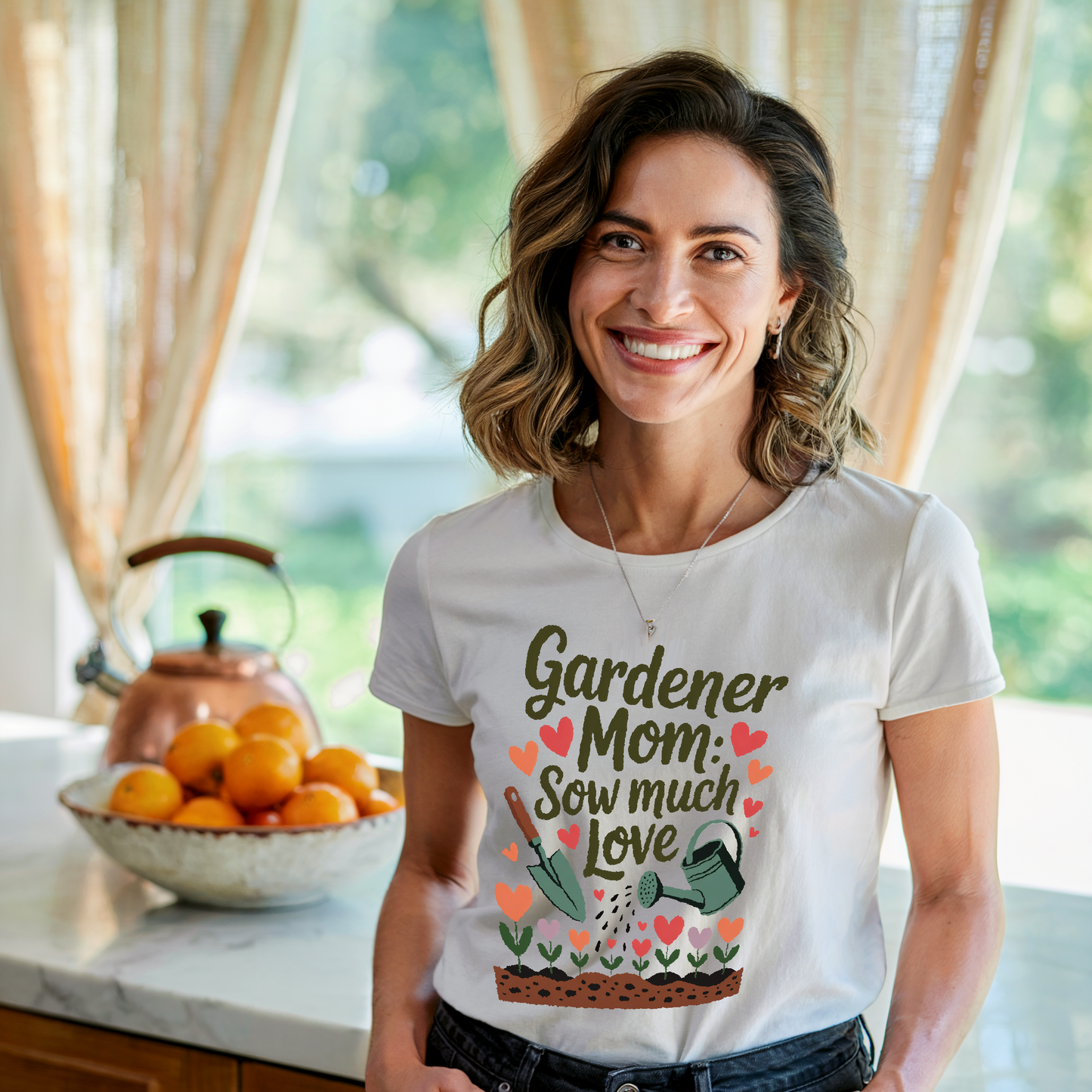 Gardener Mom: Sow Much Love T-Shirt showcasing the phrase Sow Much Love in a warm, nurturing design, perfect for gardening enthusiasts. Features a relaxed fit and durable, garment-dyed fabric from FireBrook Essentials.