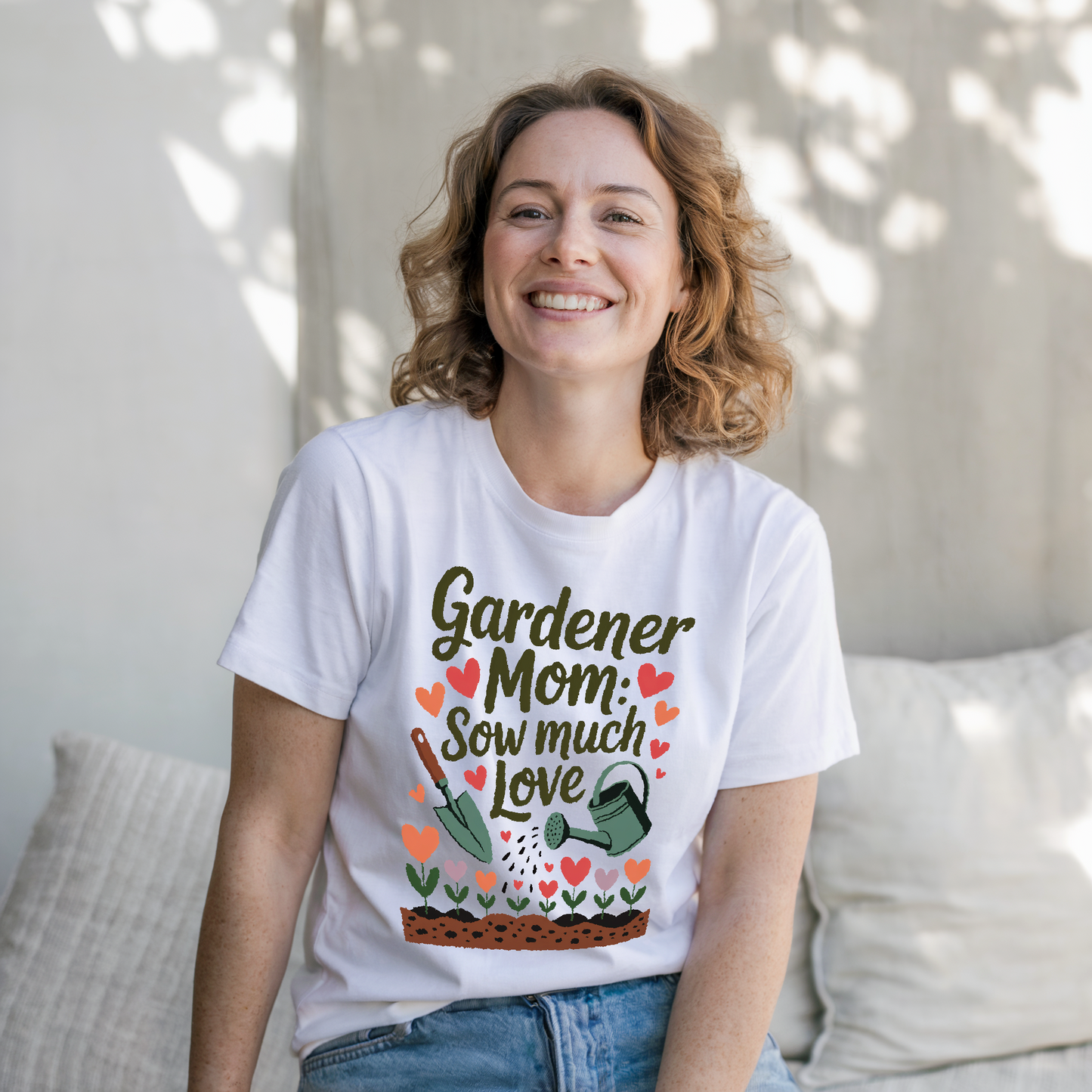 Gardener Mom: Sow Much Love T-Shirt featuring 'Sow Much Love' text, showcases durable double-needle stitching and a relaxed fit, embodying FireBrook Essentials' spirit of comfort and positivity for gardening enthusiasts.