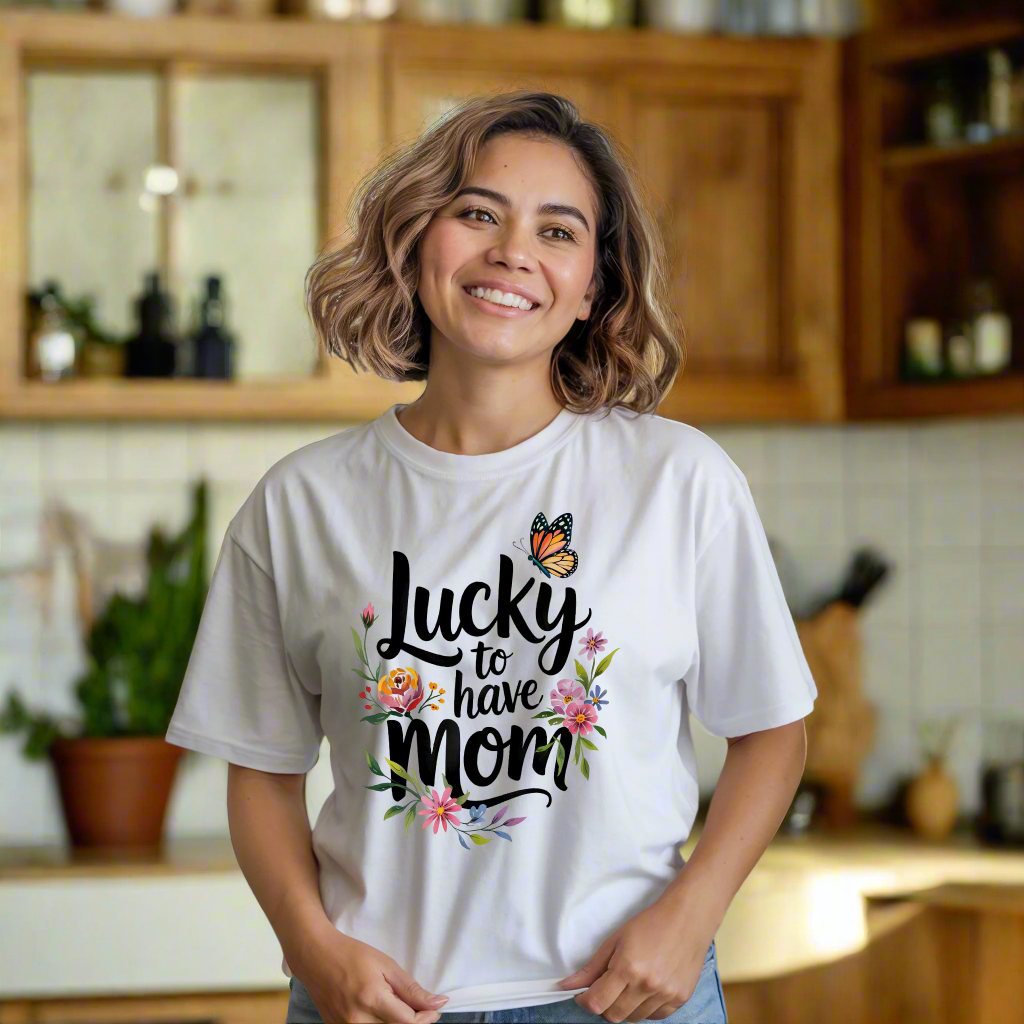 Lucky to Have Mom T-Shirt: A unisex jersey tee with 'Lucky to have mom' text, featuring a crew neckline and retail fit, perfect for casual wear, made from lightweight cotton by FireBrook Essentials.