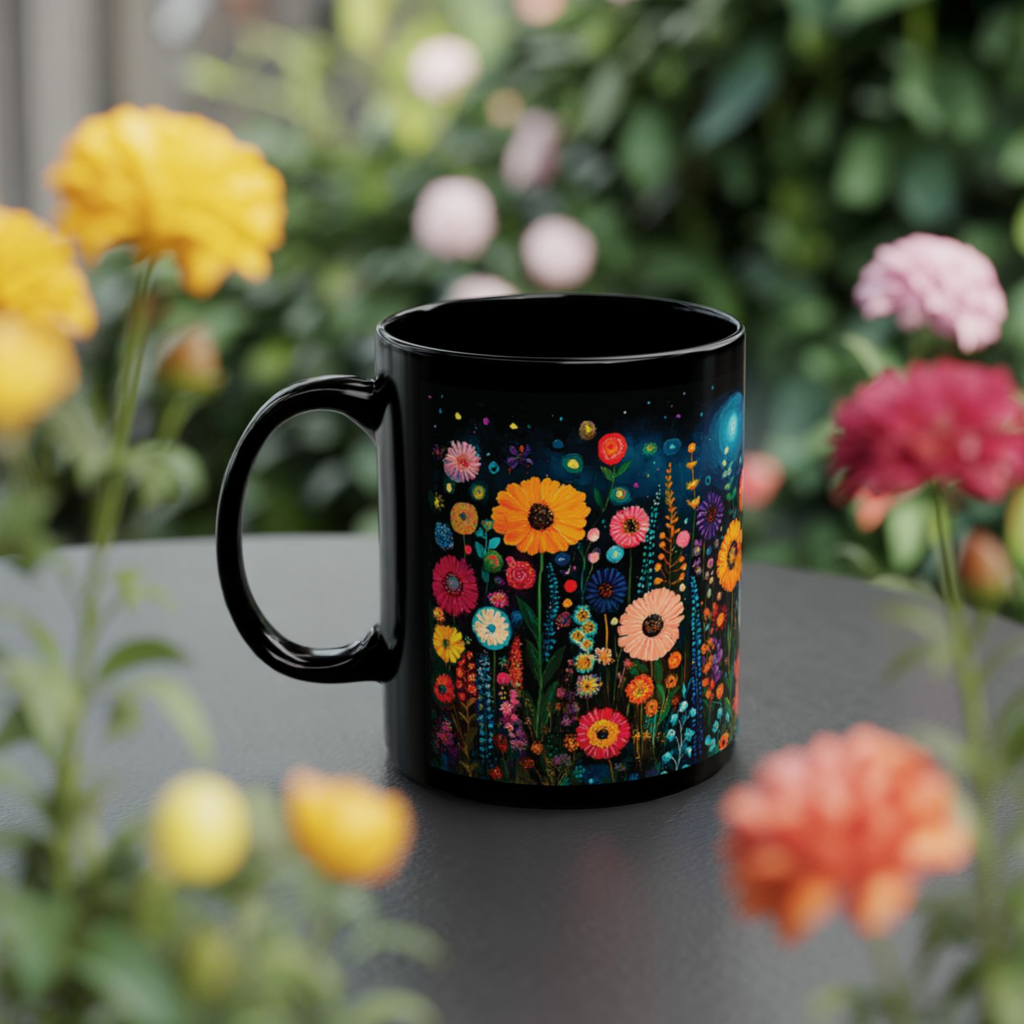 Wildflowers Mug (11oz, 15oz) from FireBrook Designs features a glossy black ceramic finish with a delicate wildflower pattern. This durable, BPA-free mug has a C-shaped handle, ideal for hot beverages.