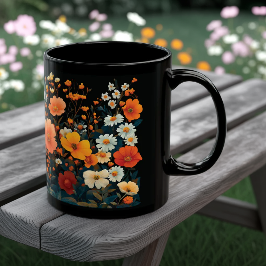 Vibrant Floral Mug (11oz, 15oz) features a whimsical zinnia and wildflowers design on black ceramic, ideal for nature lovers. Perfect for enjoying beverages, it embodies FireBrook Designs' uplifting and joyful essence.