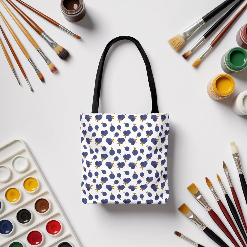 Blueberry Tote Bag by Firebook Designs featuring a charming blueberry pattern; showcases durable polyester material and reinforced handles, reflecting the brand's stylish, practical approach to everyday accessories.