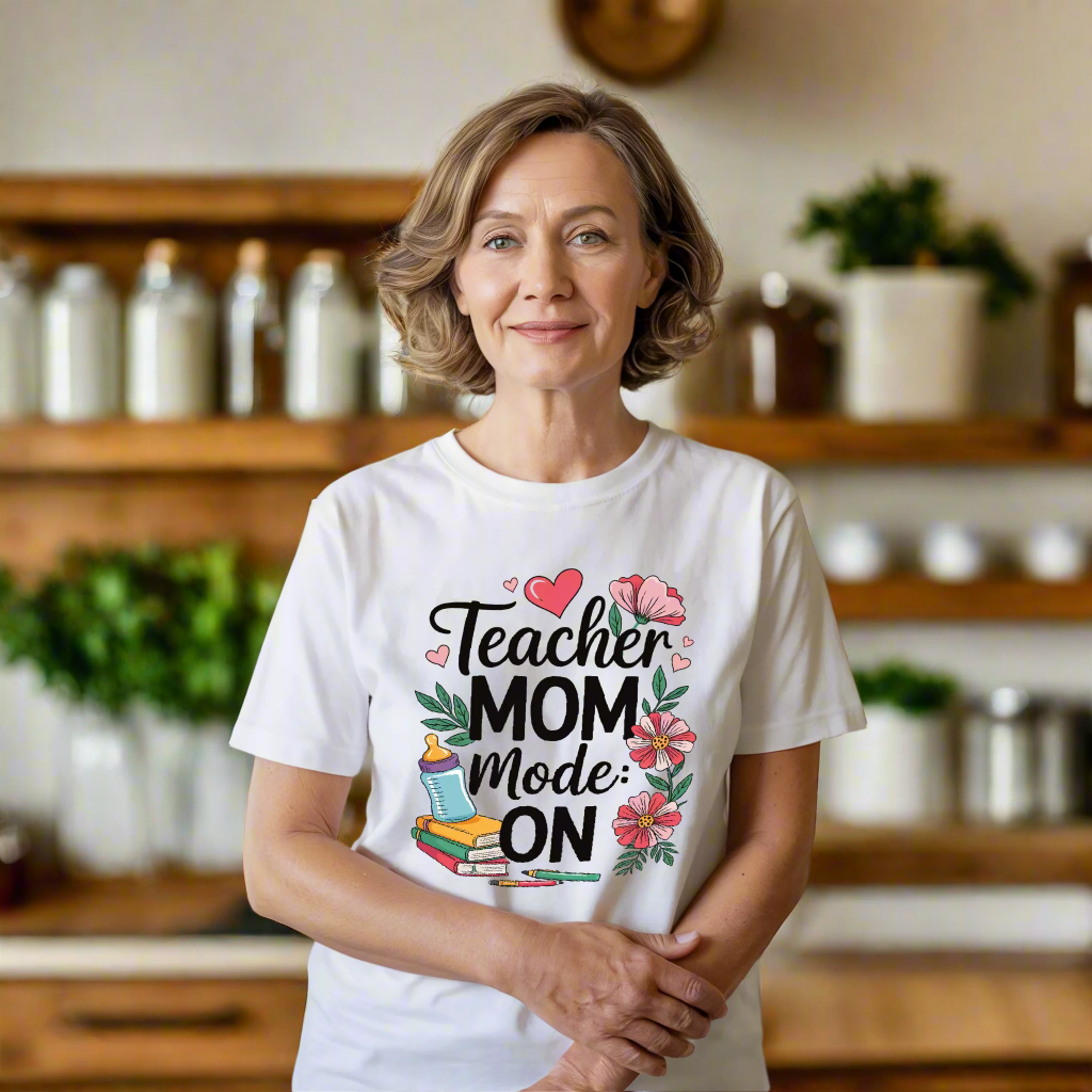 Teacher Mom Mode On T-shirt featuring a relaxed fit and crew neckline, highlighted by durable double-needle stitching, embodies comfort and style from FireBrook Essentials.
