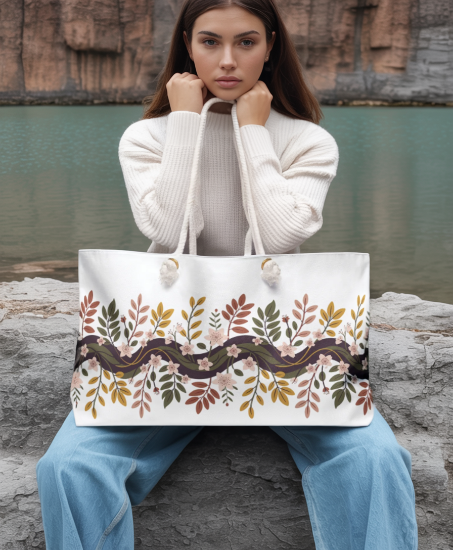 Botanical Weekender Bag with whimsical floral and leaf pattern, showcasing durable rope handles and a spacious design, perfect for joyful and stylish travel from FireBrook Essentials.