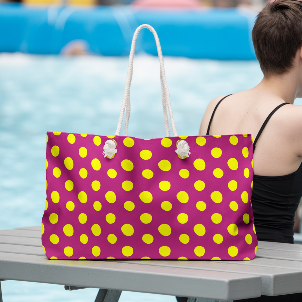 Yellow Polka Dot Red Weekender Bag with pink and yellow polka dots, displayed on a picnic table, showcasing its rope handles and spacious design, ideal for stylish, joyful travel.