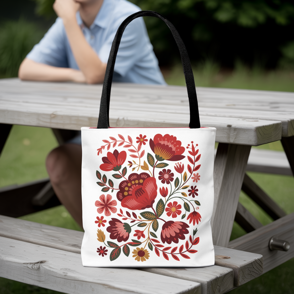 Red Floral Folk-Art Style Tote Bag featuring vibrant, organic floral illustrations with bold and delicate flowers, perfect for carrying essentials. Ideal for nature lovers and art enthusiasts seeking unique, uplifting designs.