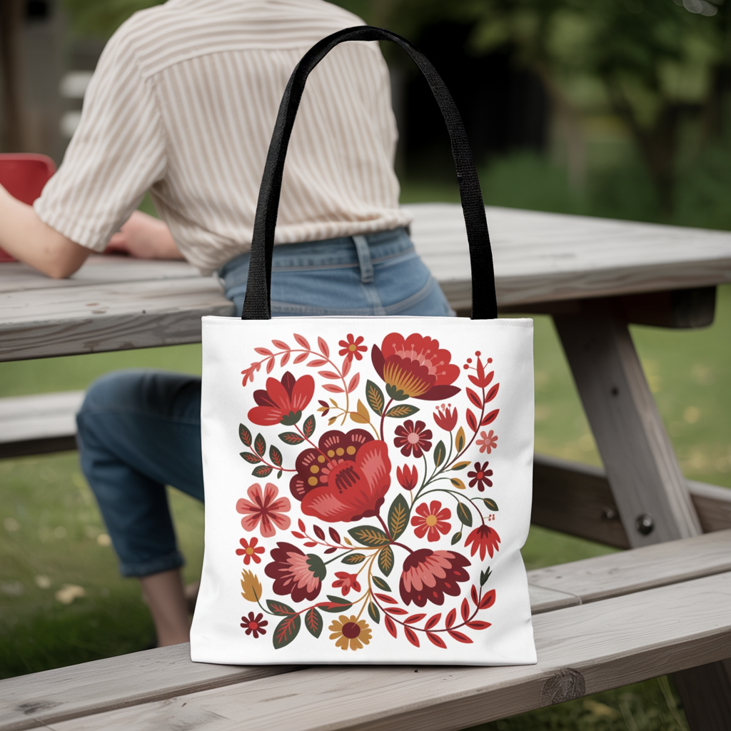 Red Floral Folk-Art Style Tote Bag with vibrant red, blush, and blue flowers, green leaves; perfect for carrying essentials. Features a durable polyester build, reinforced handles, and stylish black stitching.