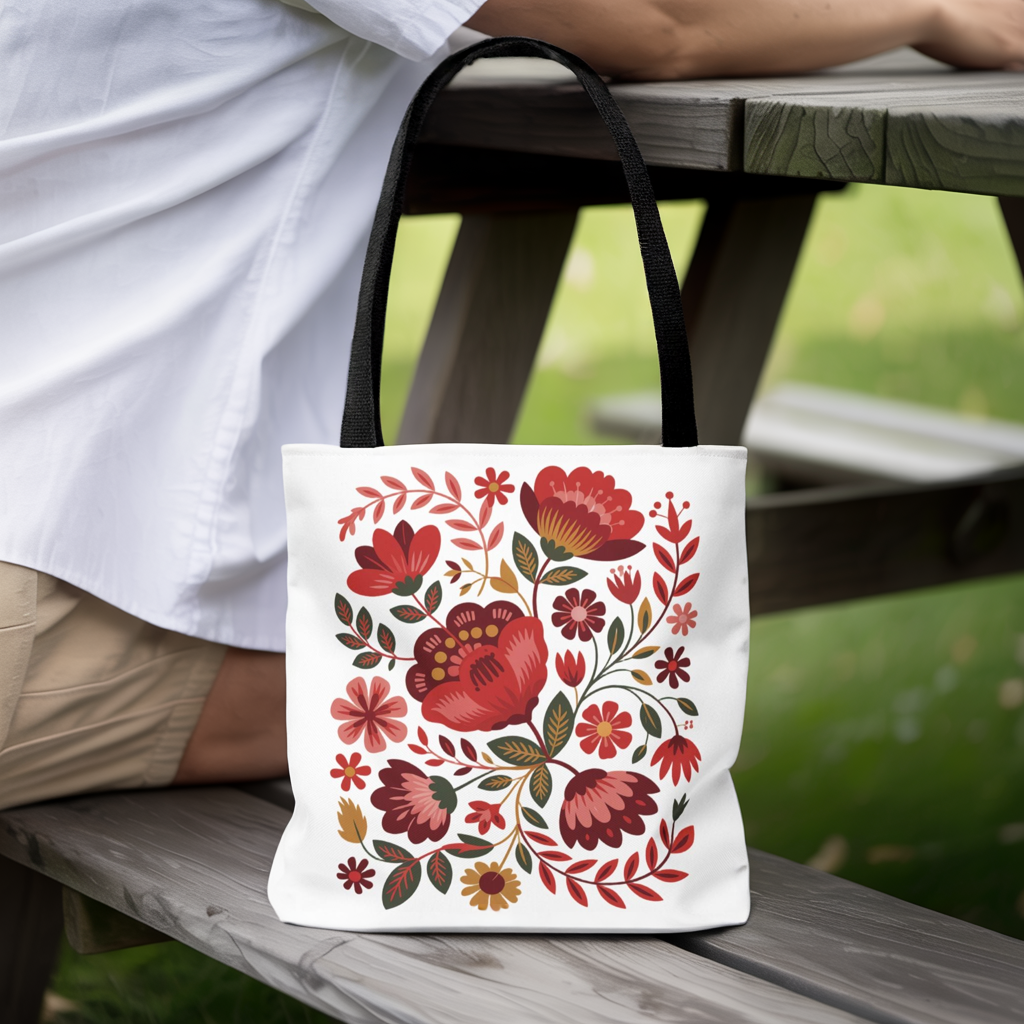 Red Floral Folk-Art Style Tote Bag featuring vibrant, organic floral illustrations in soft blush, red, and blue, complemented by green leaves. Ideal for nature lovers and art enthusiasts, perfect for everyday use.