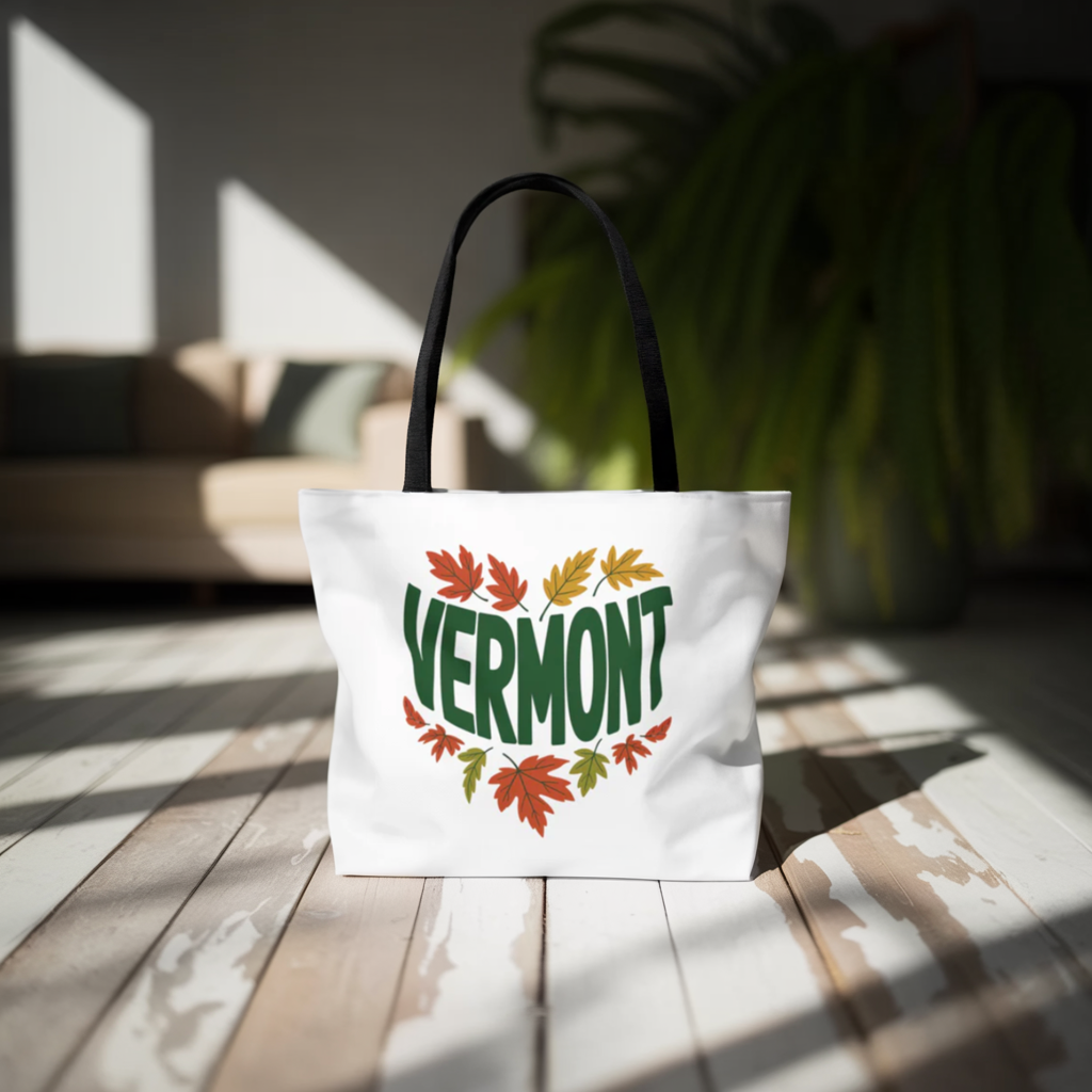 Vermont Tote Bag by Firebook Designs features green and orange leaf patterns on organic cotton, ideal for eco-conscious, stylish outings. Perfect for carrying essentials, reflecting Firebrook's uplifting, practical ethos.