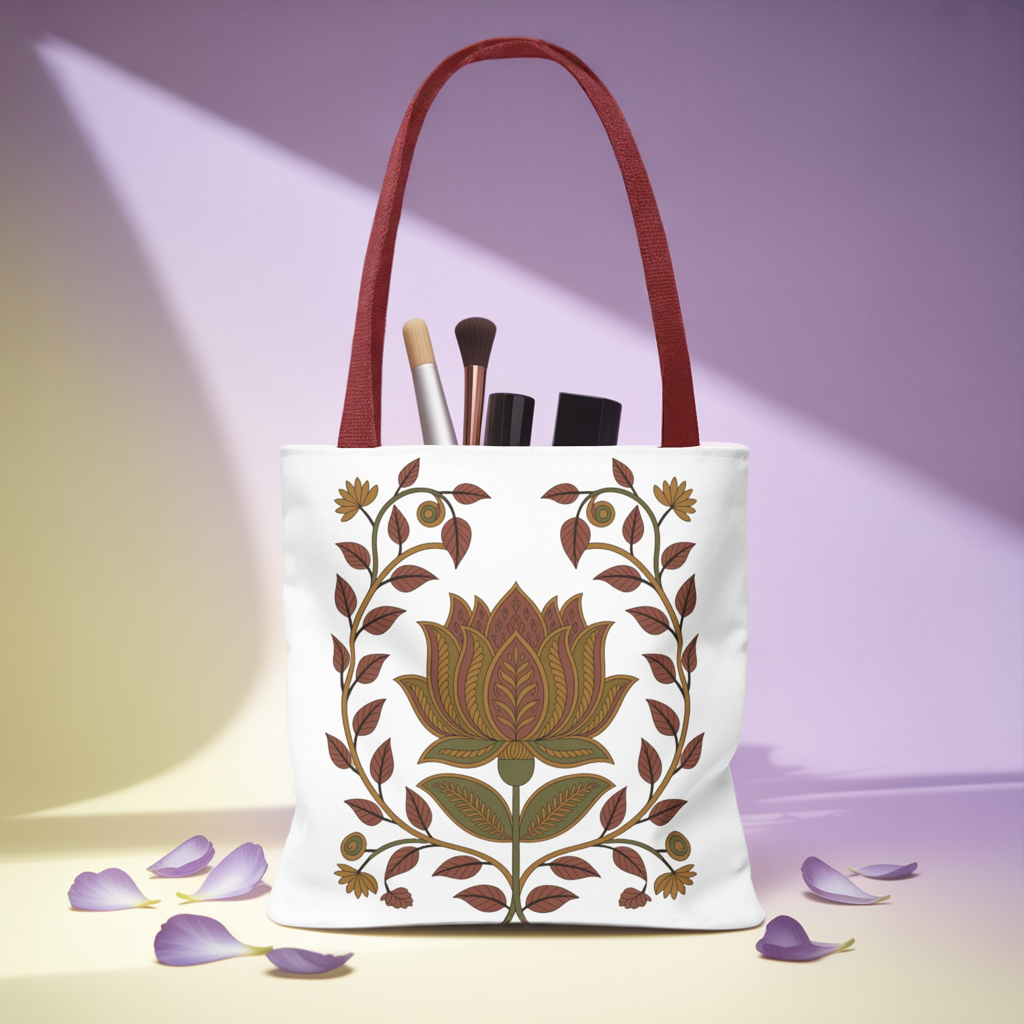 Earth Tote Bag with Floral Vines and Traditional Motifs, showcasing swirling patterns and earthy tones, offers a spacious, durable design perfect for daily use, aligning with FireBrook Essentials' uplifting style.