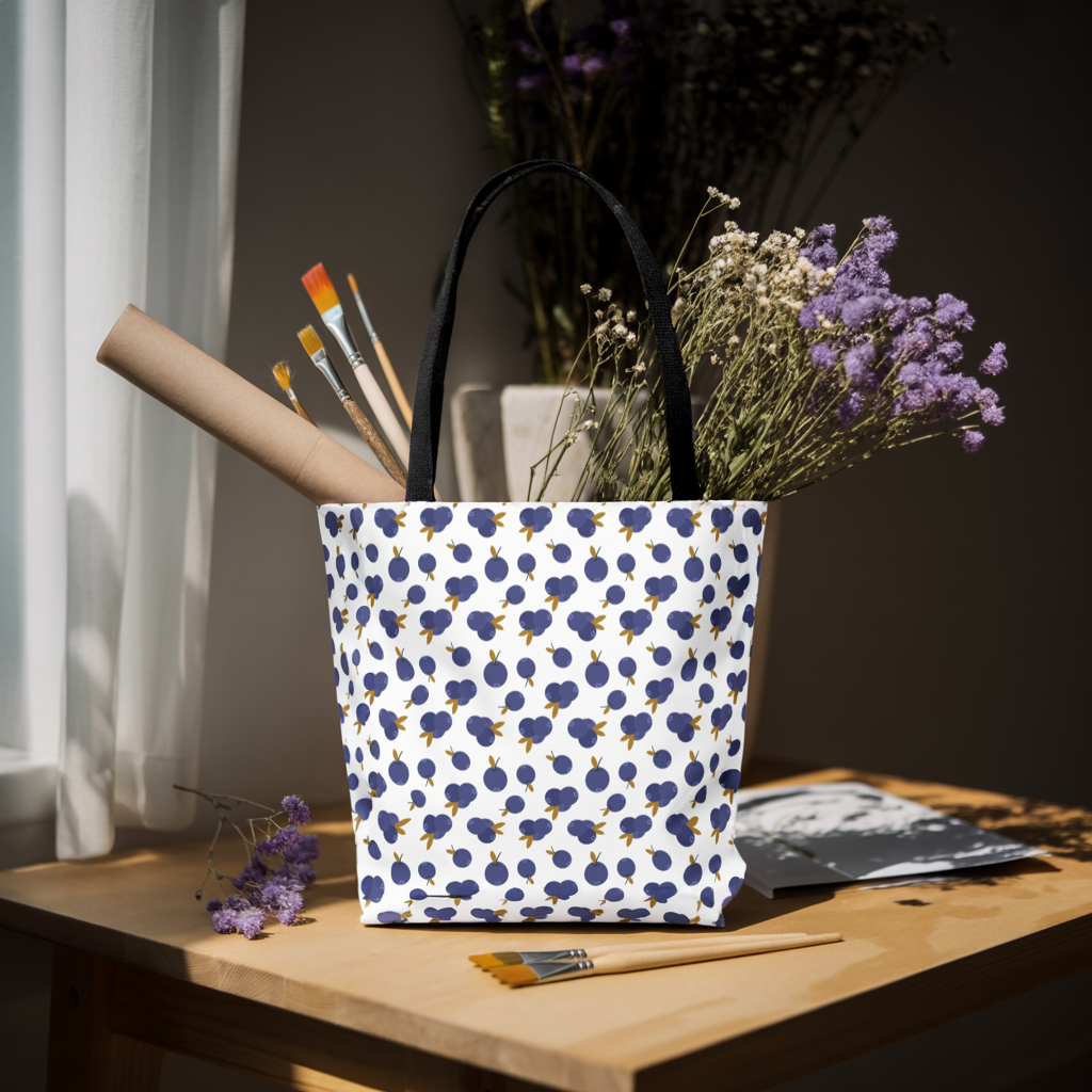 Blueberry Tote Bag by Firebrook Designs, featuring a charming blueberry pattern, held by a person; showcases reinforced handles and seamless black inner stitching for stylish, durable, and practical everyday use.