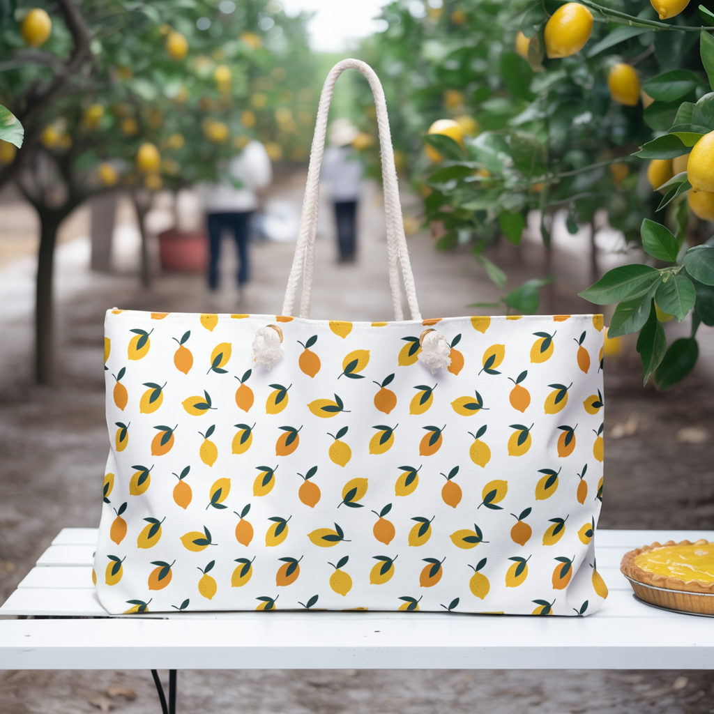 Weekender Bag - Lemon Print: A stylish travel accessory with a vibrant lemon pattern, featuring durable polyester, spacious interior, and comfortable cotton rope handles, perfect for joyful, spontaneous getaways or everyday use.