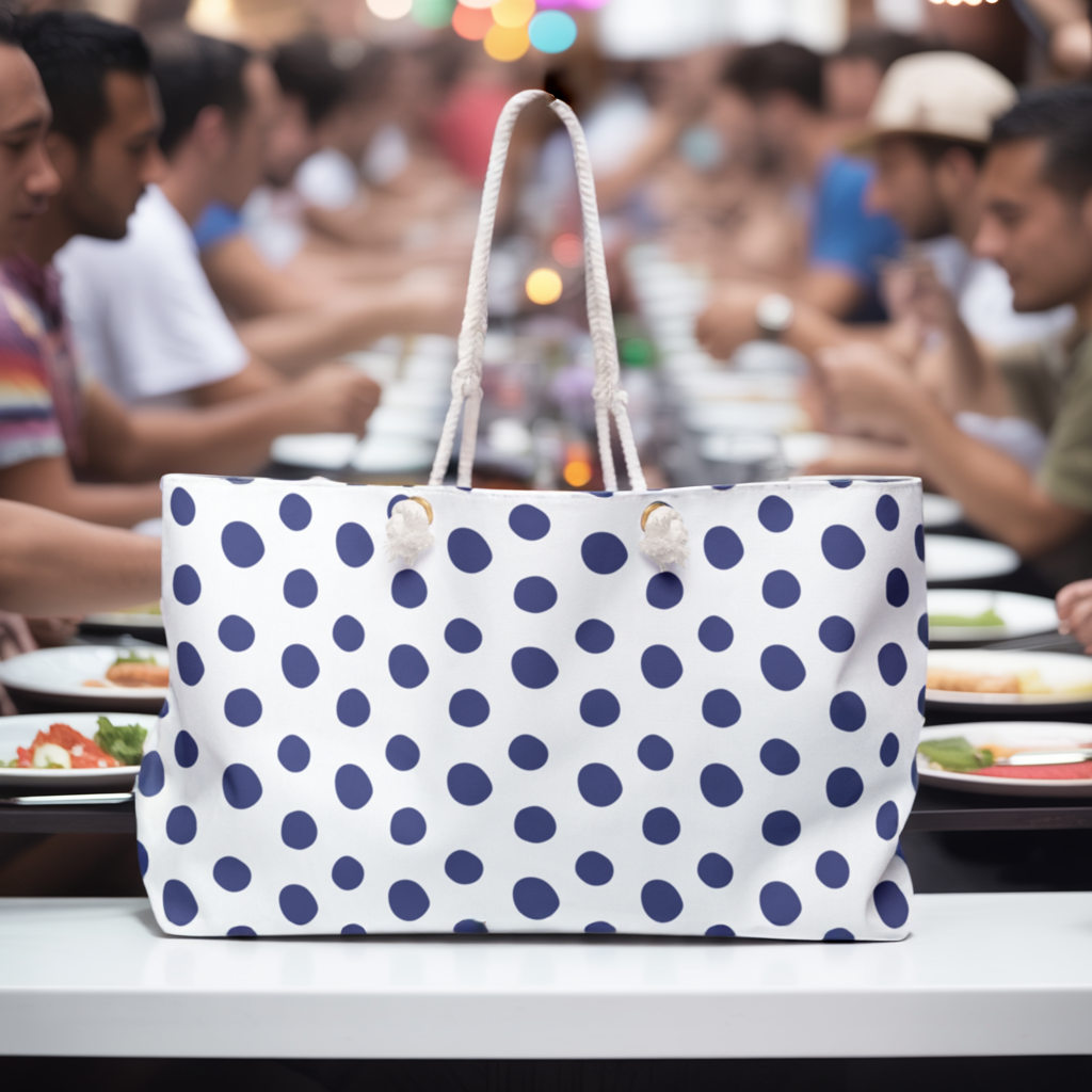Weekender Bag - Blue (large) Polka Dots Travel Tote features a stylish polka dot design with convenient rope handles, ideal for weekend adventures, reflecting FireBrook Designs' commitment to comfort and uplifting style.