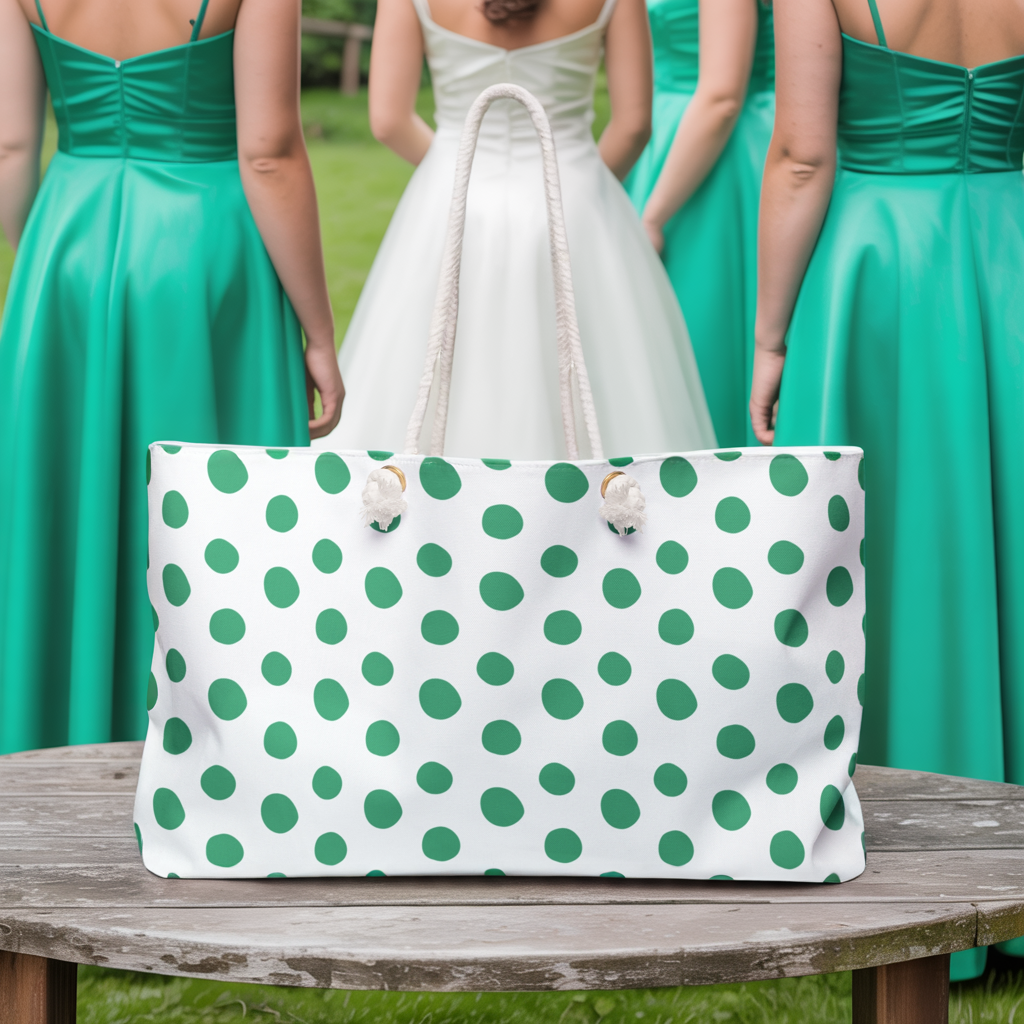 Weekender Bag Green Polka (large) Dots Travel Tote features playful green polka dots, perfect for vibrant weekend getaways, showcasing FireBrook Essentials' commitment to stylish and joyful travel accessories.