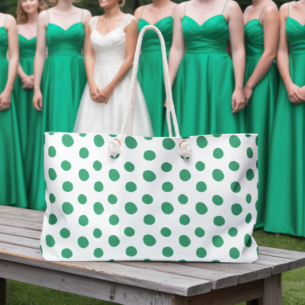 Weekender Bag Green Polka Dots Travel Tote features playful green polka dots, rope handles, and a spacious T-bottom design, perfect for stylish, joyful weekend getaways.