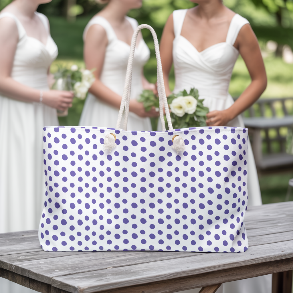 Weekender Bag - Light Purple Polka Dots Travel Tote with a playful design, featuring sturdy rope handles and a spacious T-bottom, perfect for fashion-forward travelers seeking style and practicality on short trips.